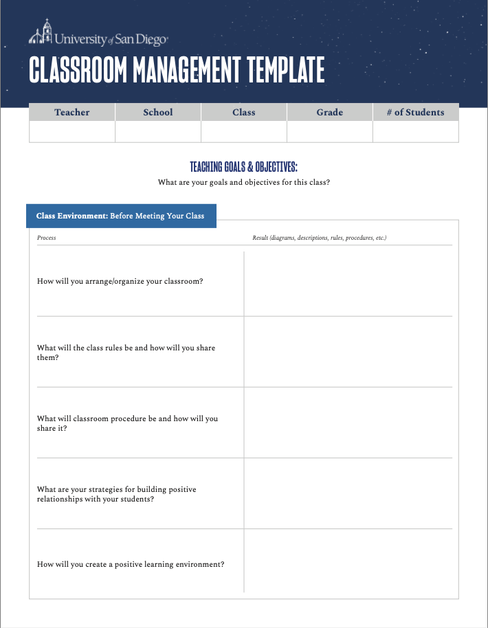 Classroom Management Template Free Teaching Tool University Of San 