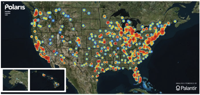 A heat map of the United States showing incidents of healthcare professionals who've contacted the National Human Trafficking Hotline from the year 2007 to 2027. Every state has at least one incident.