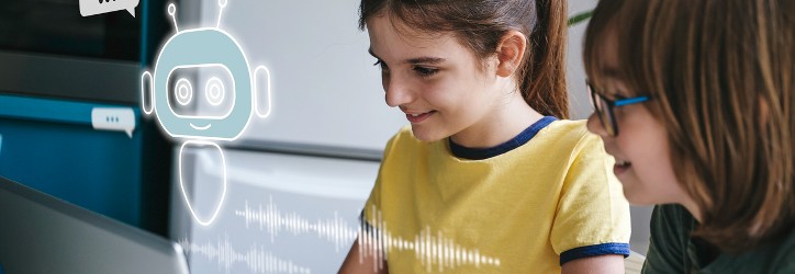 girl with brown hair wearing a yellow tshirt looks at a laptop screen with a fellow student with AI chatbot icons floating between them and the screen