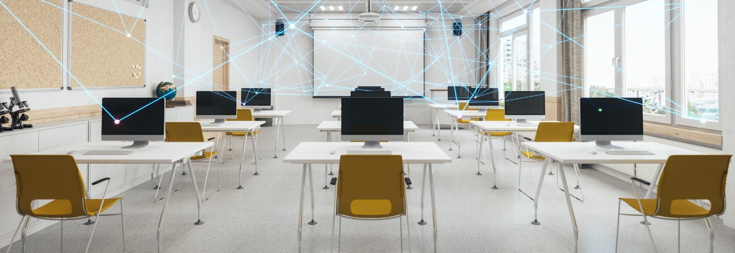 Empty modern classroom with digital connections transposed in the air representing AI and connectivity in the classroom.
