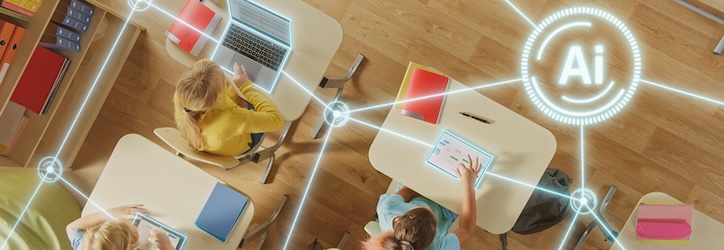 Top-down View of Children in Classroom Use Tablets and Laptops, Connectivity by Lines of AI Data, Information. Diverse Kids Study with Interactive E-Learning, Modern Education, Digital Literacy.