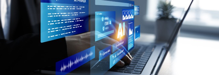 Person using laptop with Ai Content Generator.Image generator, documents, marketing and advertising, bot writing and coding.Interaction with the Ai assistant to solve some tasks more easily