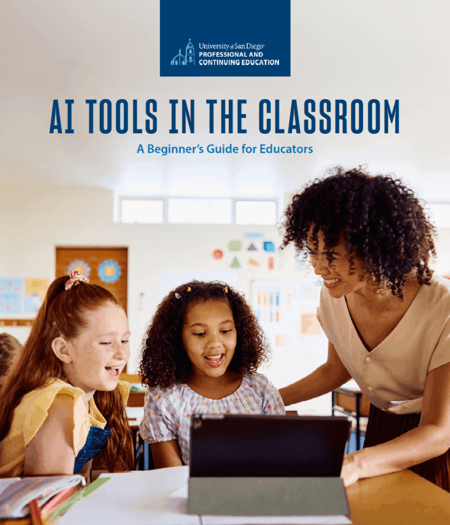 cover of an ebook about AI tools in the classroom, image is of a dark haired teacher smiling at a desk with a tablet with two young students