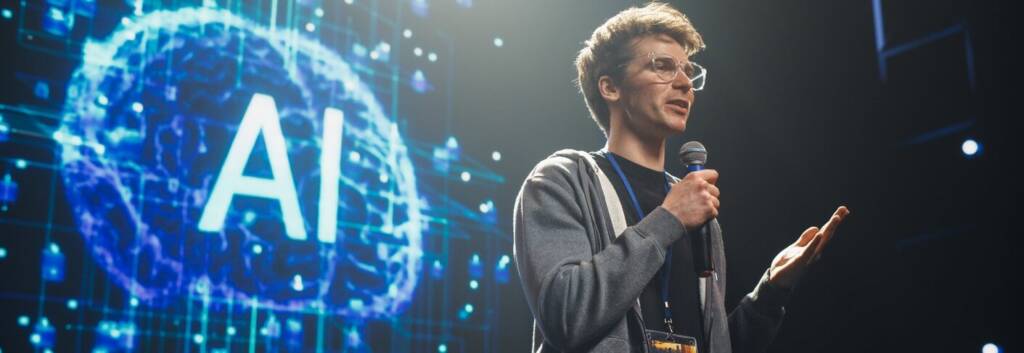 Young Caucasian Man Talking About Future Technology Insights on Stage at a Global Event