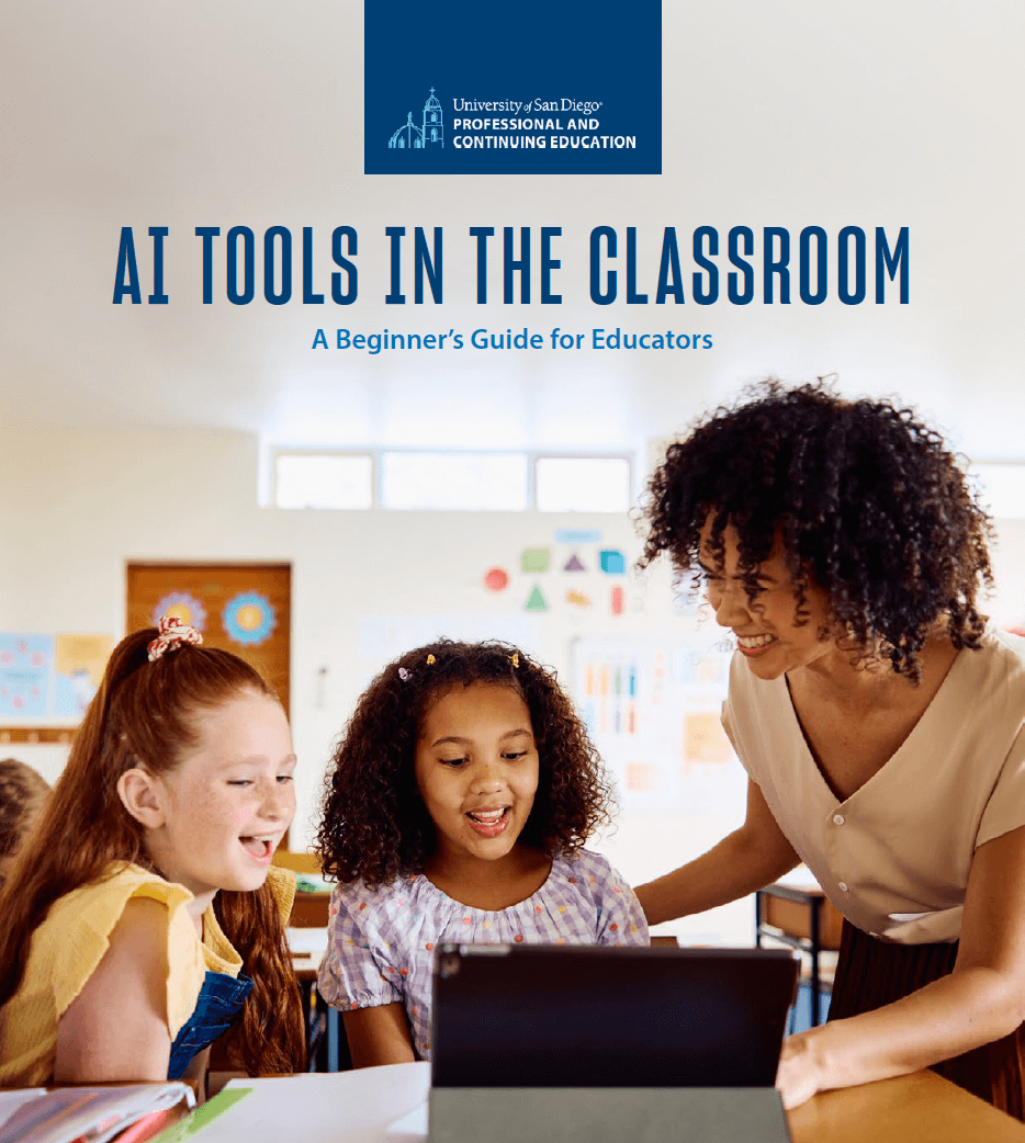 cover of an ebook about AI tools in the classroom, image is of a dark haired teacher smiling at a desk with a tablet with two young students